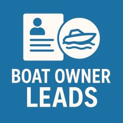 Boat owner leads graphic showing boat icon and contact data card for marine marketing lead generation