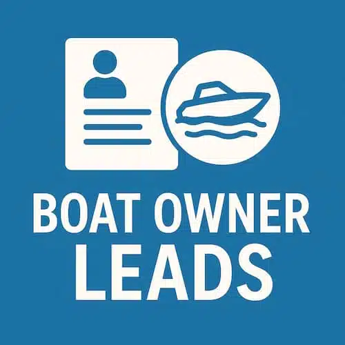 Boat owner leads graphic showing boat icon and contact data card for marine marketing lead generation