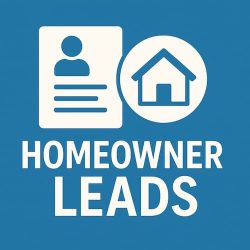 Homeowner leads graphic with house icon and customer data card for home services marketing