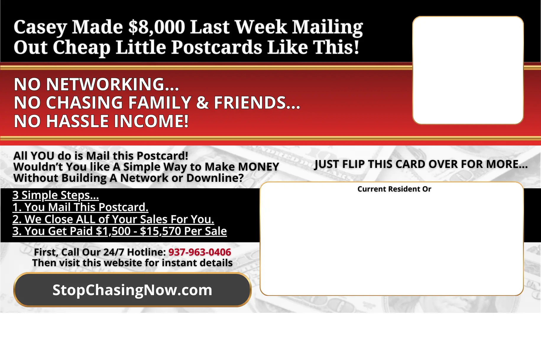 Back of network marketing postcard showing mailing area and call to action