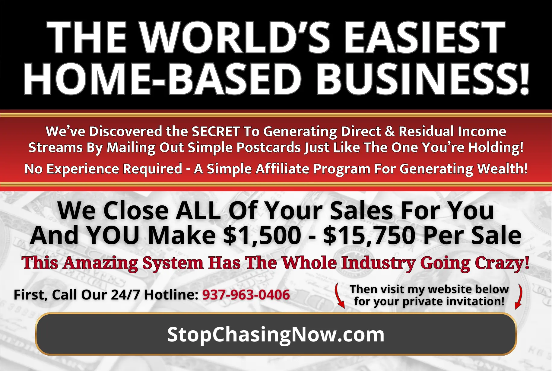 Example MLM opportunity postcard used for direct mail marketing campaigns