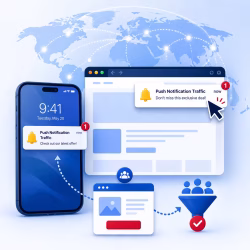 Push notification traffic illustration showing smartphone and browser notifications sending real visitors to a landing page funnel