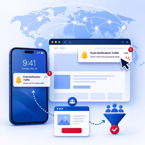 Push notification traffic illustration showing smartphone and browser notifications sending real visitors to a landing page funnel