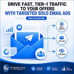 Solo Email Ads graphic showing targeted email traffic, Tier-1 visitors, opt-ins, and real human visitors
