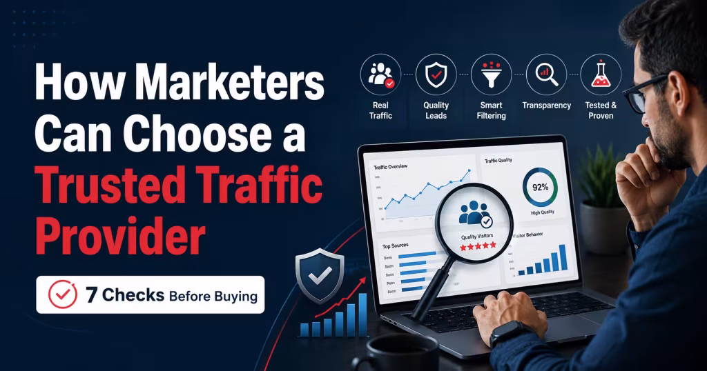 Marketer evaluating website traffic quality using analytics, filtering, transparency, and trusted provider checks.
