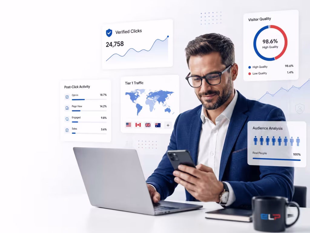 Marketer reviewing verified human clicks, Tier-1 traffic, visitor quality, and post-click engagement data