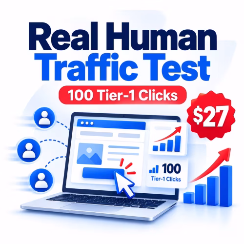 Real Human Traffic Test product image showing 100 Tier-1 clicks for $27 from Extreme Lead Program